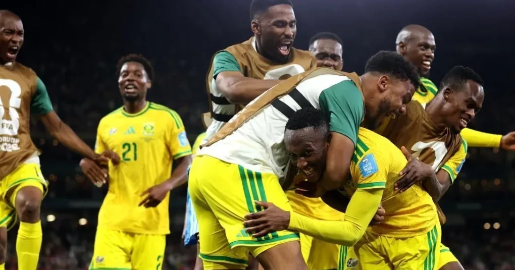 Jogadores da seleção da África do Sul comemorando o gol contra a Coreia do Sul