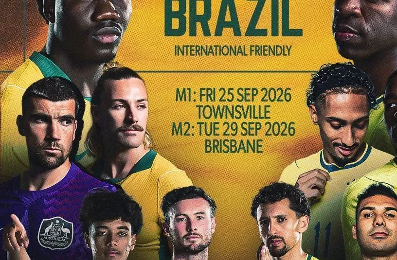Jogadores da seleção australiana comemorando anúncio de amistosos contra o Brasil