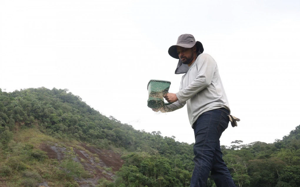 Operários realizando a implantação de grama de inverno em um dos campos do CT do Botafogo