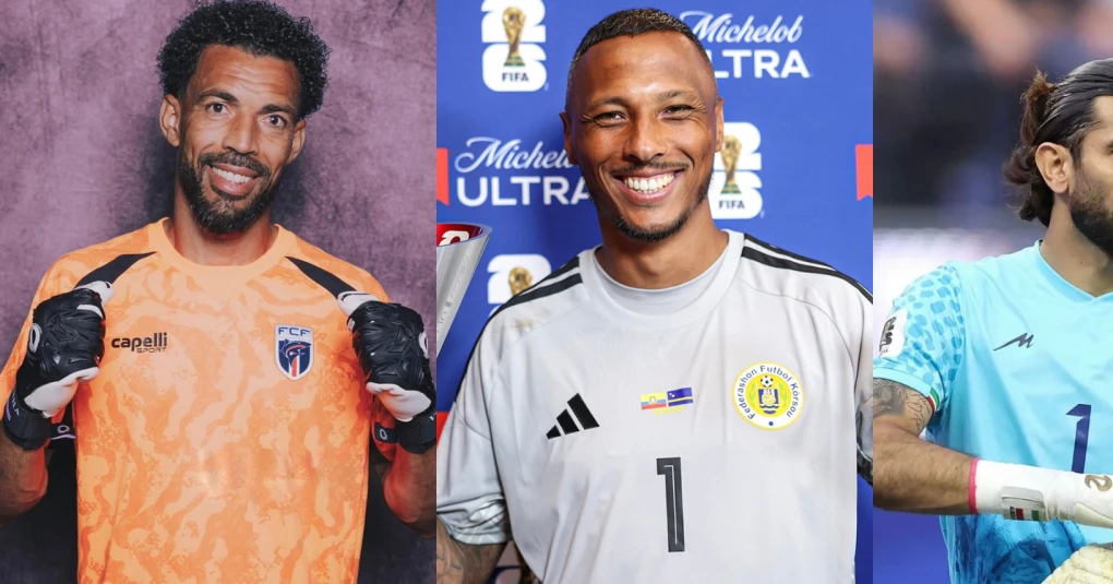 Vozinha com luvas e uniforme da seleção de Cabo Verde fazendo defesa