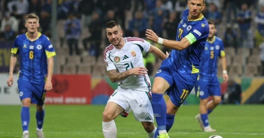 Edin Dzeko comemorando um gol vestindo a camisa da seleção da Bósnia e Herzegovina