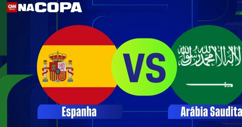 Bandeiras da Espanha e da Arábia Saudita lado a lado sobre bola de futebol