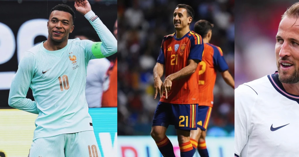 Torcedores com bandeiras da França, Espanha e Inglaterra em estádio antes de jogo