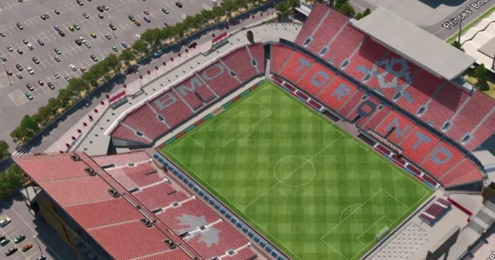 Vista do Estádio de Toronto com jogadores em aquecimento antes de Gana x Panamá