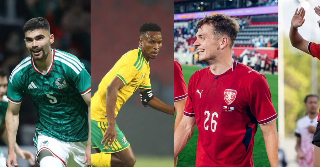 Bandeiras do México, África do Sul, Coreia do Sul e República Tcheca lado a lado em estádio