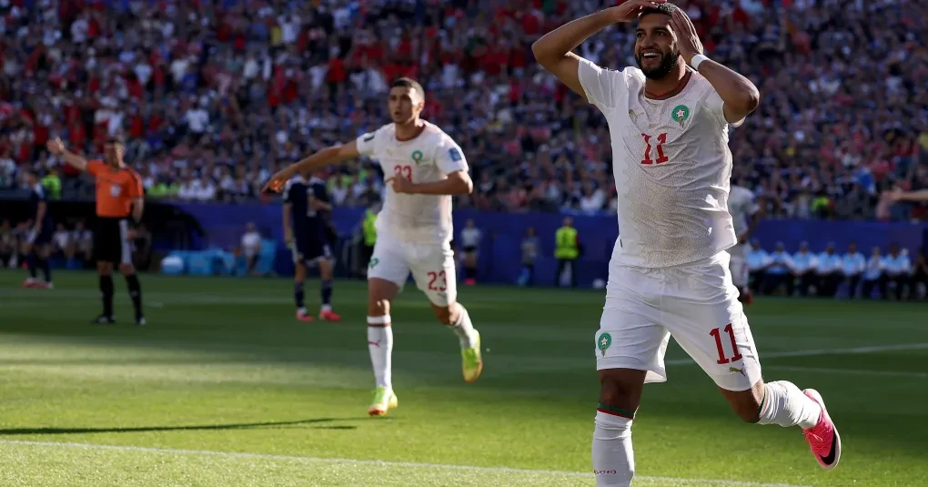 Saibari comemorando o gol de Marrocos no Gillette Stadium, em Boston