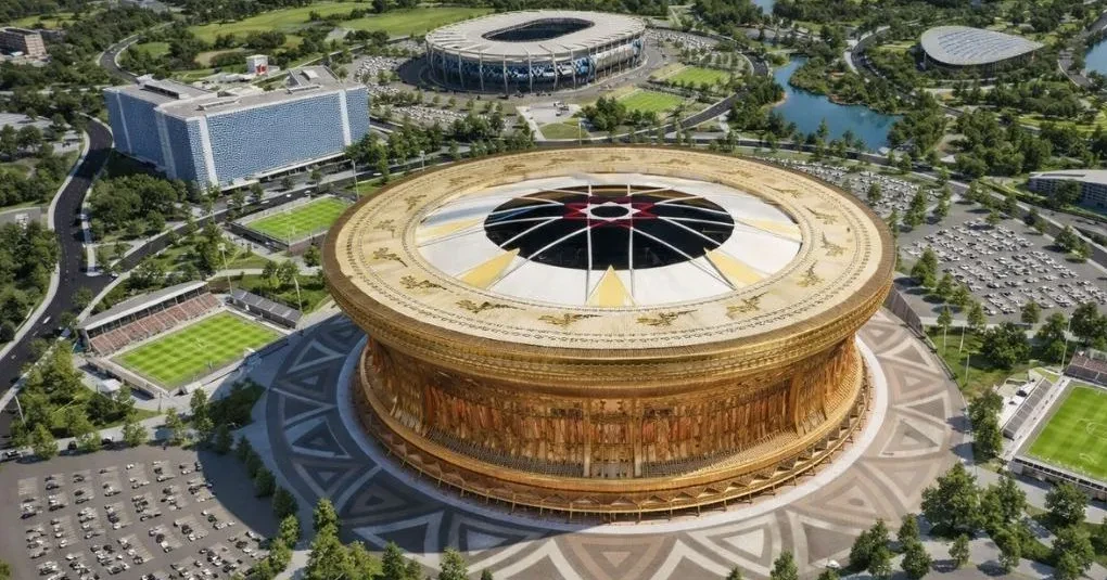 Canteiro de obras do Estádio Trong Dong em Hanói com estruturas metálicas e operários em atividade