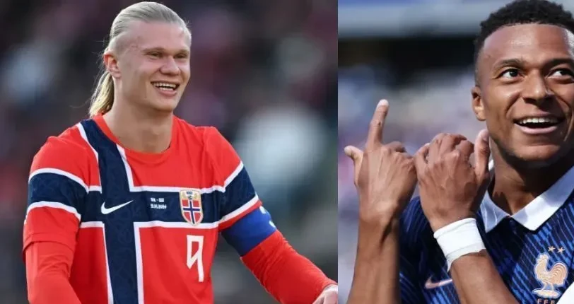 Erling Haaland e Kylian Mbappé encarando a câmera antes do duelo entre Noruega e França