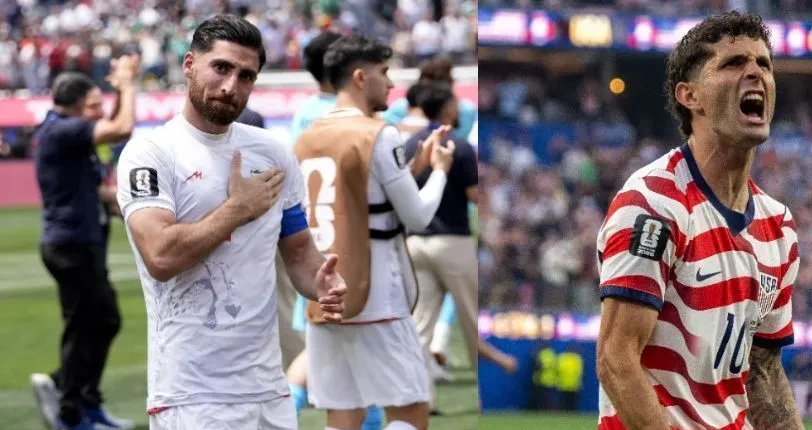 Jogadores do Irã e dos Estados Unidos posando antes de partida, gesto de cortesia entre equipes