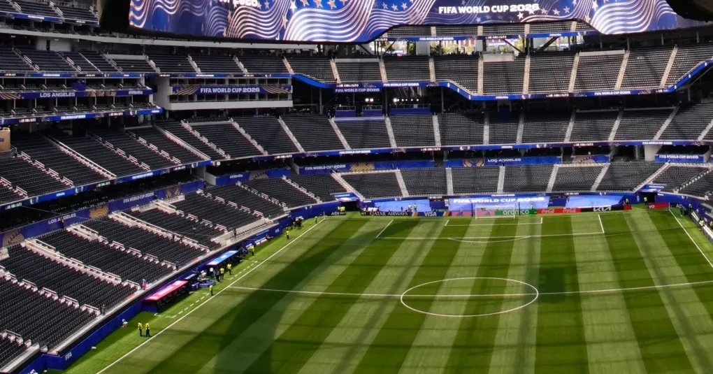 Visão externa do SoFi Stadium em Los Angeles antes de partida entre Turquia e Estados Unidos
