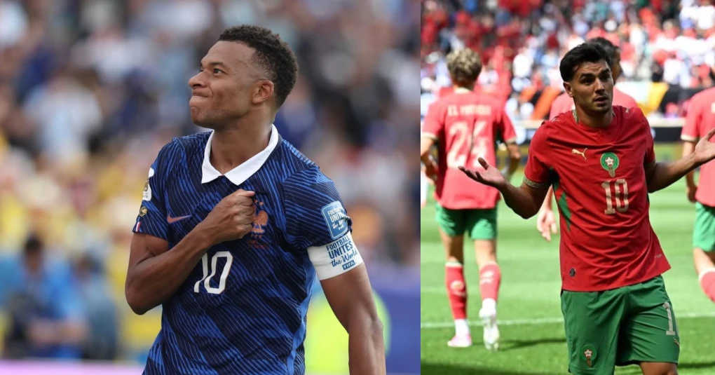 Jogadores de França e Marrocos em aquecimento antes da partida em Boston