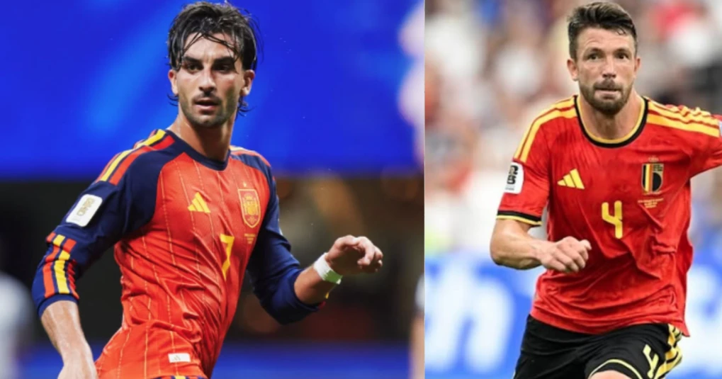 Jogadores da Espanha e Bélgica aquecendo no gramado do SoFi Stadium, Los Angeles