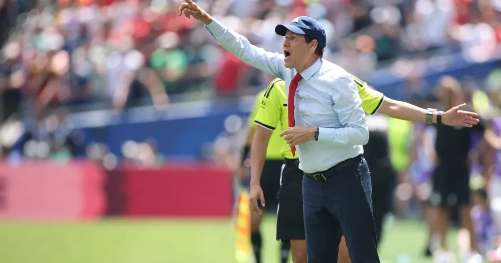 Rudi Garcia em entrevista coletiva durante a Copa do Mundo, gesticulando ao falar