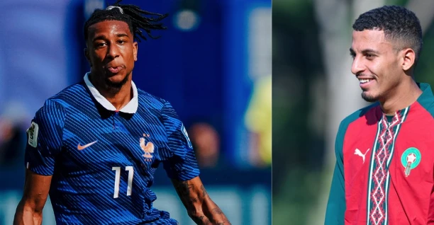 Jogadores de França e Marrocos em aquecimento antes das quartas de final