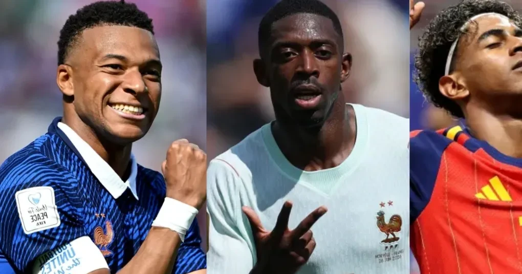 Jogadores da França e da Espanha no aquecimento antes da semifinal da Copa do Mundo