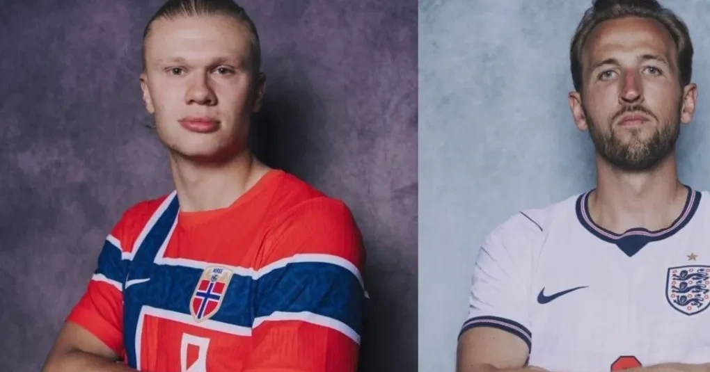 Jogadores da Noruega e da Inglaterra durante aquecimento antes da partida