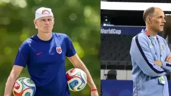 Jogadores de Noruega e Inglaterra durante aquecimento antes das quartas de final