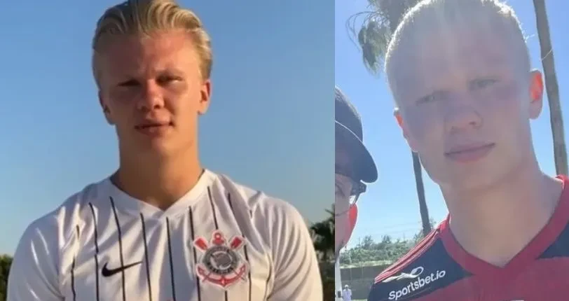 Erling Haaland segurando camisas do Flamengo e do Corinthians durante registros em redes sociais