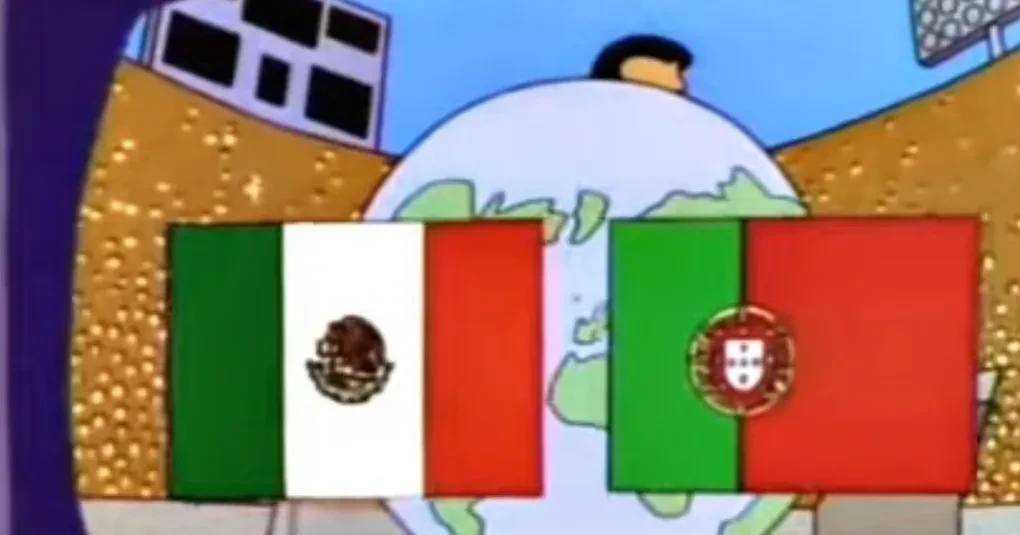 Cena do episódio dos Simpsons mostrando anúncio fictício de partida entre México e Portugal