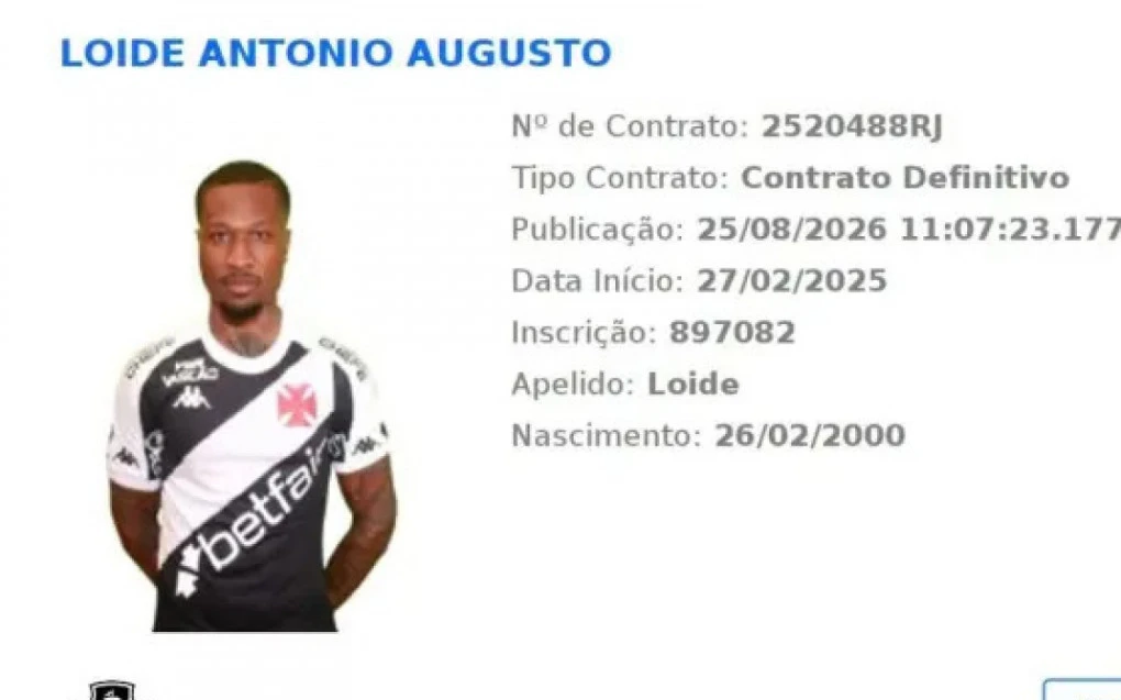 Registro de Loide Augusto no sistema do BID da CBF, tela com dados do jogador