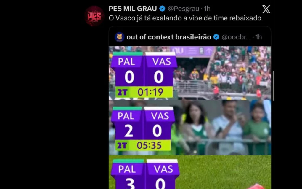 Montagem de memes e reações de torcedores sobre a goleada do Vasco no Nubank Parque