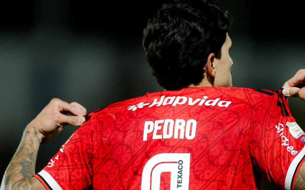 Pedro comemorando um dos gols com a camisa do Flamengo