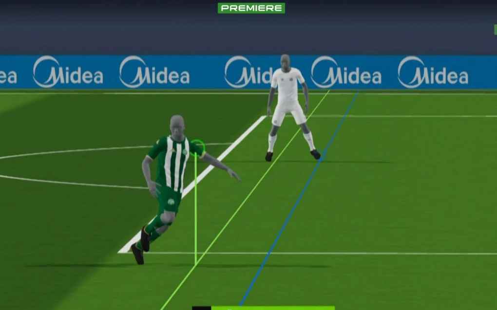 Tela mostrando análise do impedimento semiautomático durante partida do Brasileirão