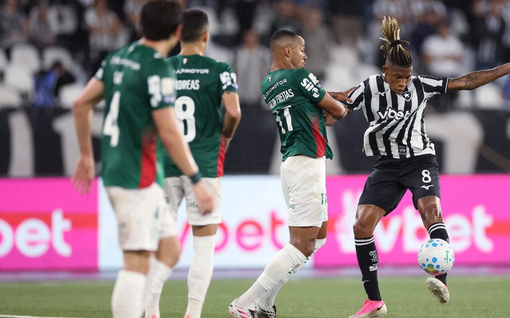 Jogadores do Botafogo e do Palmeiras em disputa de bola no Nilton Santos