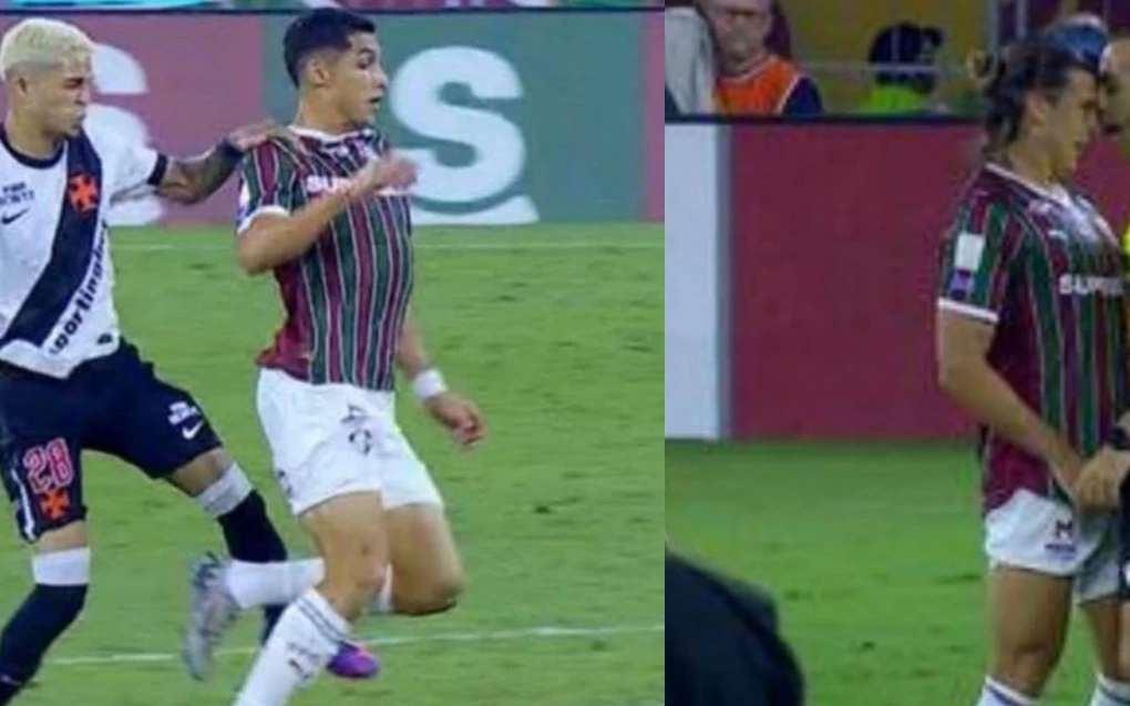 Jogadores do Fluminense protestam com a arbitragem durante clássico